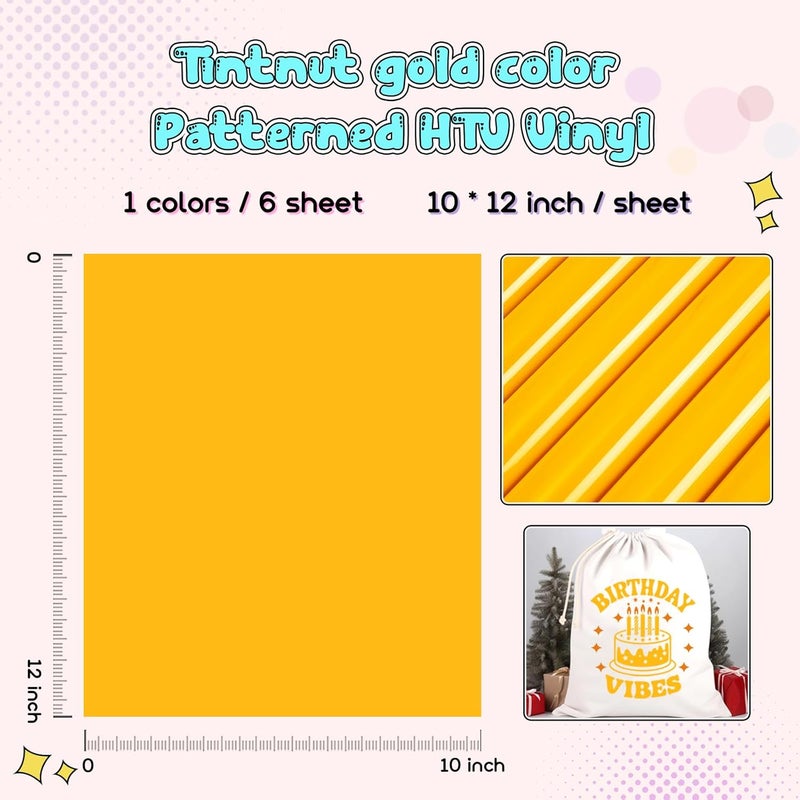 Tintnut Gold Color Heat Transfer Vinyl -6 Sheets 12"x10" Bright Color Iron on Vinyl for T-Shirts Clothing Bags HTV Vinyl for All Cutting Machine - Image 2